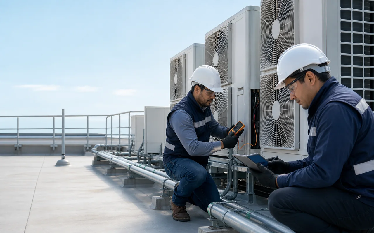 Escena editorial de dos técnicos evaluando equipos HVAC en una cubierta
