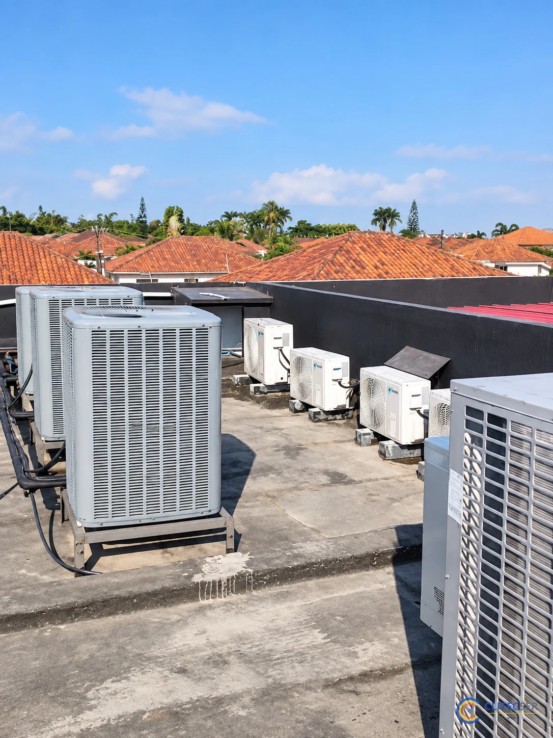 Equipos exteriores Daikin split ducto y minisplits en la terraza técnica.