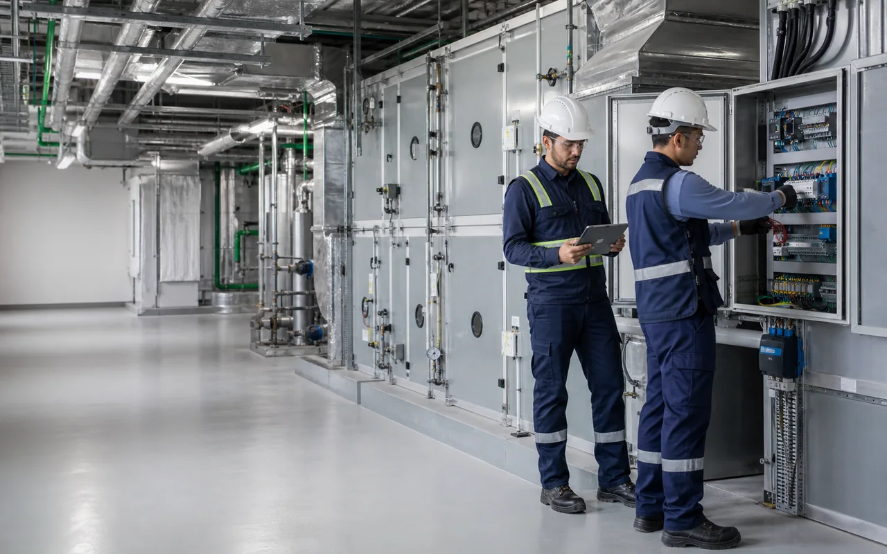 Escena editorial de dos técnicos revisando un tablero de control en una sala mecánica HVAC