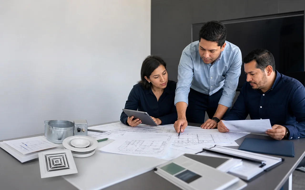 Escena editorial de un equipo técnico comparando planos y propuestas HVAC