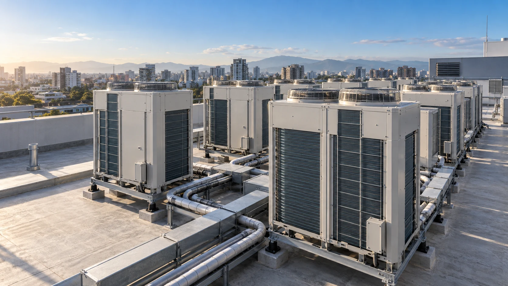 Terraza técnica con equipos VRF y pasillos de mantenimiento